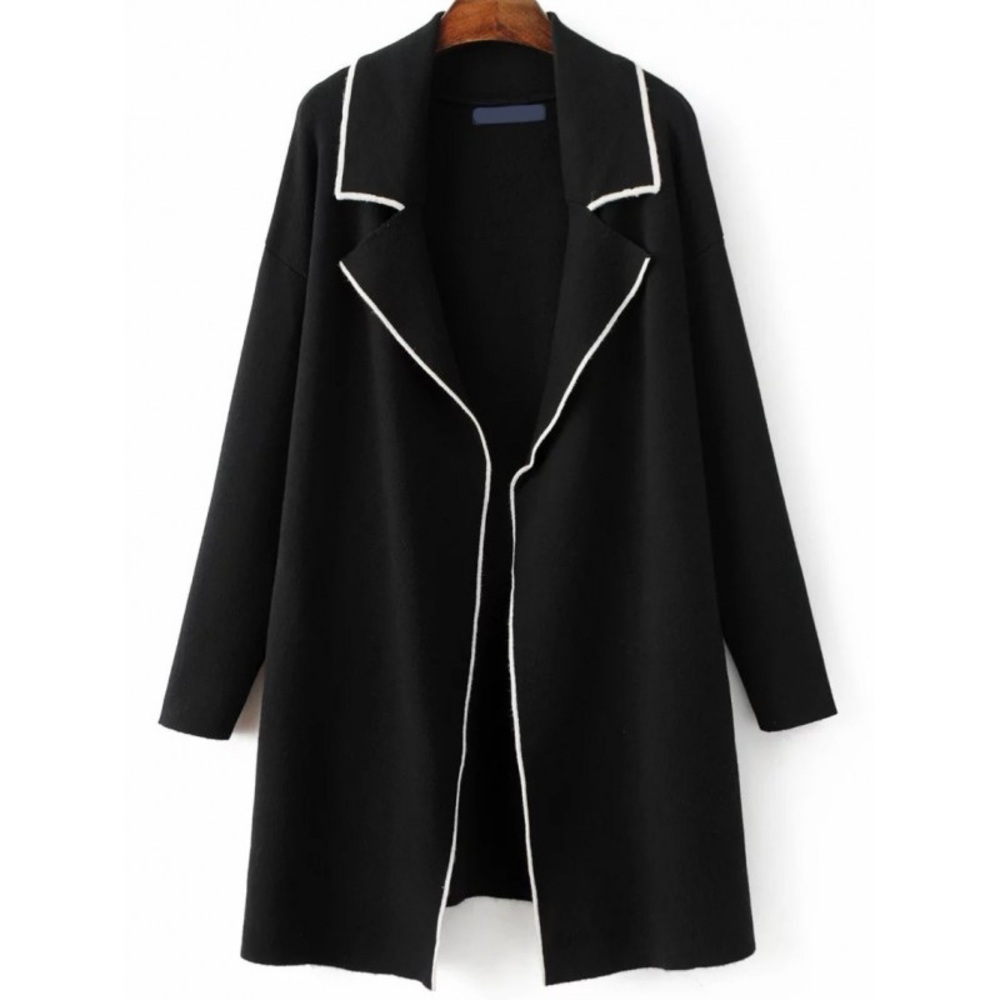 🛍️ 🆕 Zara Knit Black Open Front Cardigan Contrast Piping Womens Long Jacket